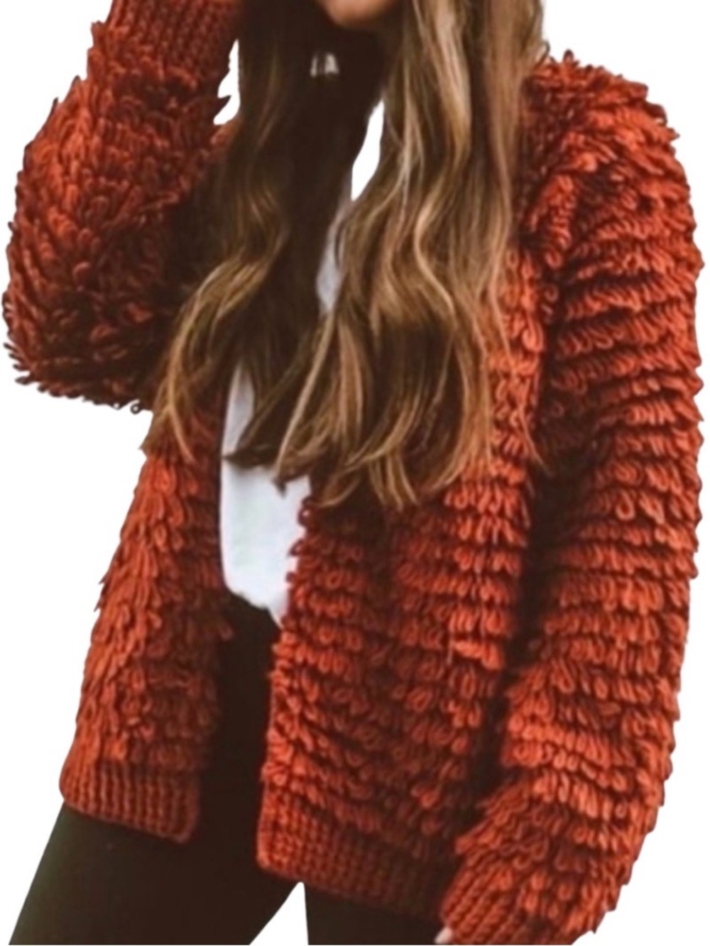 Universal Thread Shaggy Loop Knit Open Front Oversized Cardigan | Rust | Size XS